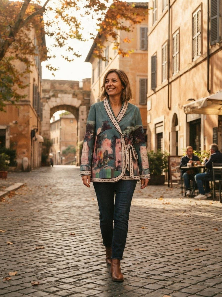 Teal Italian watercolor wrap jacket by Take me to Italy