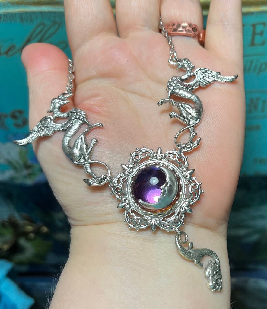 Moon Over Avalon necklace — Arcane Angel, winged mythical creatures and moon pendant