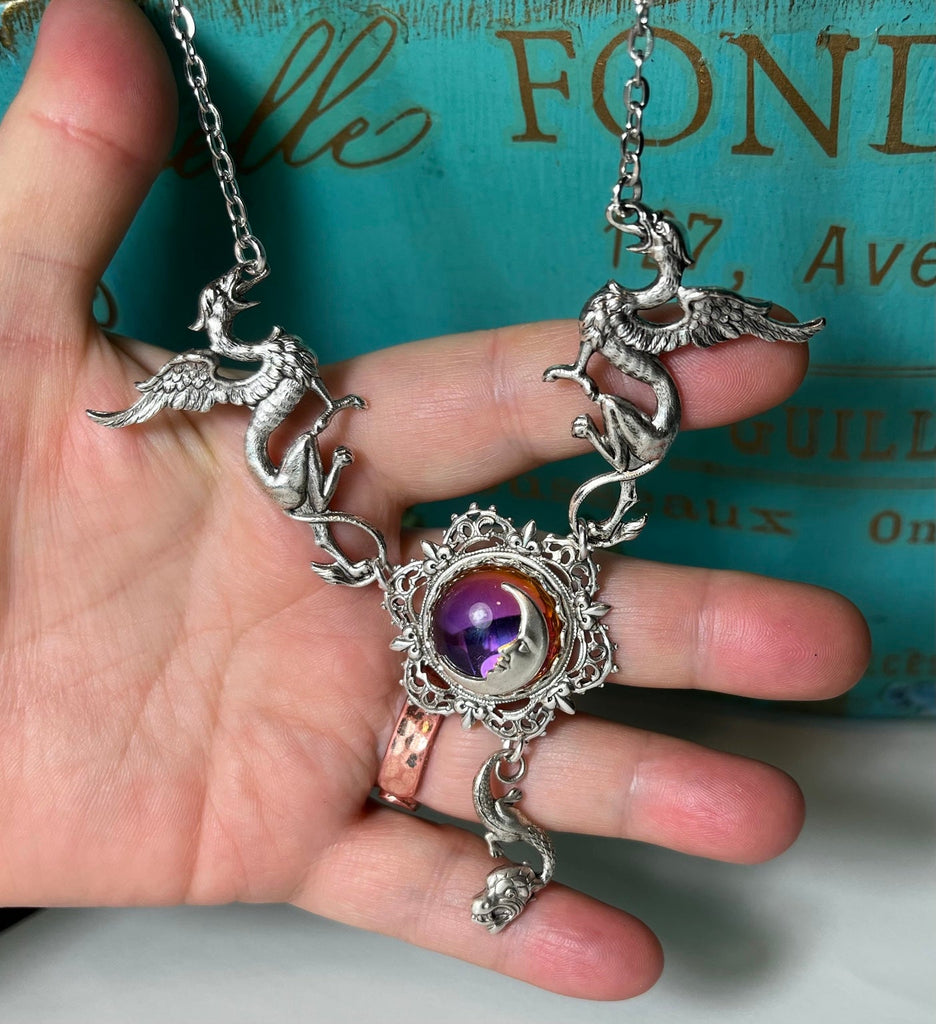 Moon Over Avalon necklace — Arcane Angel, winged mythical creatures and moon pendant
