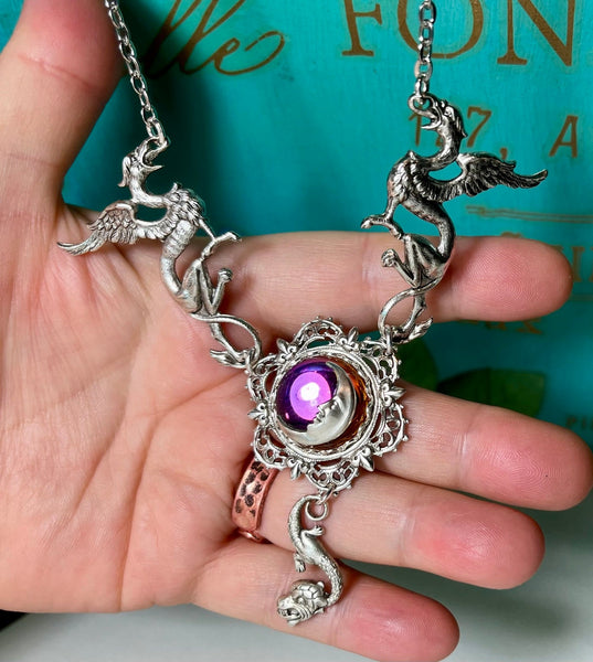 Moon Over Avalon necklace — Arcane Angel, winged mythical creatures and moon pendant