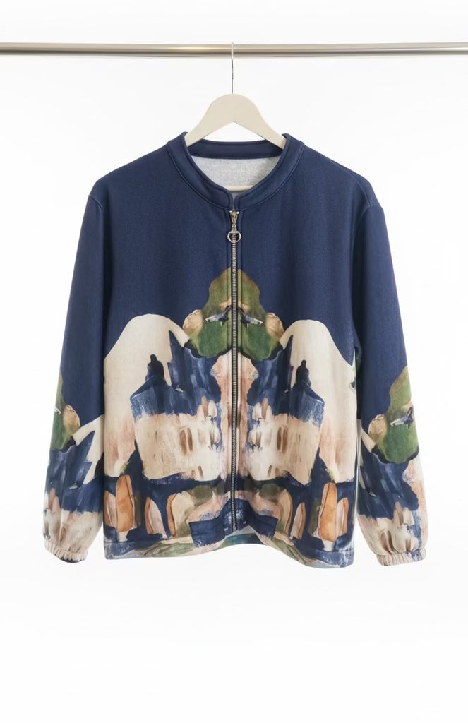 Navy Blue Italian watercolor zip-up jacket by Take me to Italy