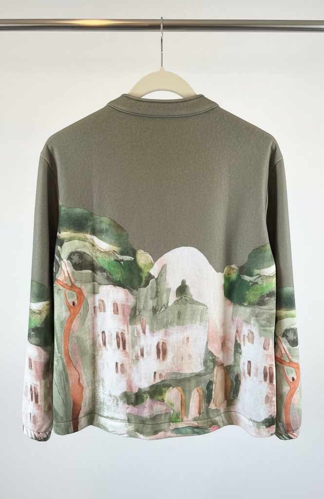 Olive Green Italian watercolor zip-up jacket by Take me to Italy