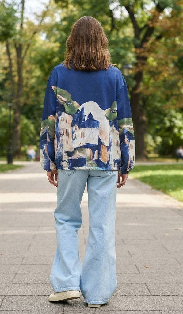 Navy Blue Italian watercolor zip-up jacket by Take me to Italy
