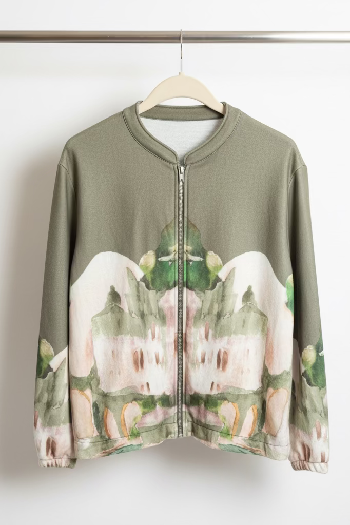 Olive Green Italian watercolor zip-up jacket by Take me to Italy